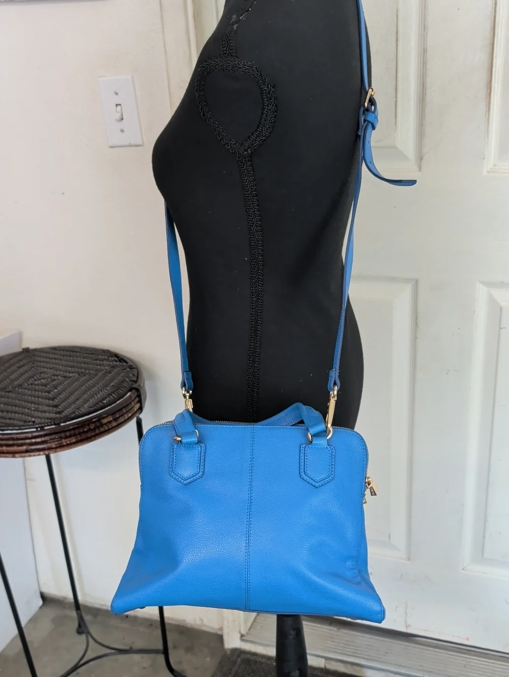 Ora Delphine Blue Pebbled Leather Crossbody Bag Gold Tone Hardware